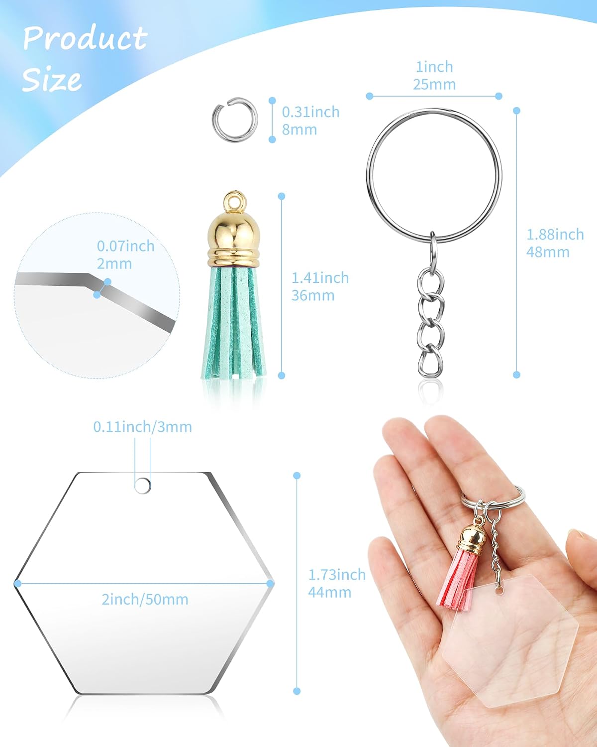 YETOOME Acrylic Hexagon Keychain Blanks, 120 Pcs Clear Hexagon Keychains Kit with Acrylic Blanks, Key Rings, Tassels and Jump Rings for DIY Keychain Vinyl Crafting