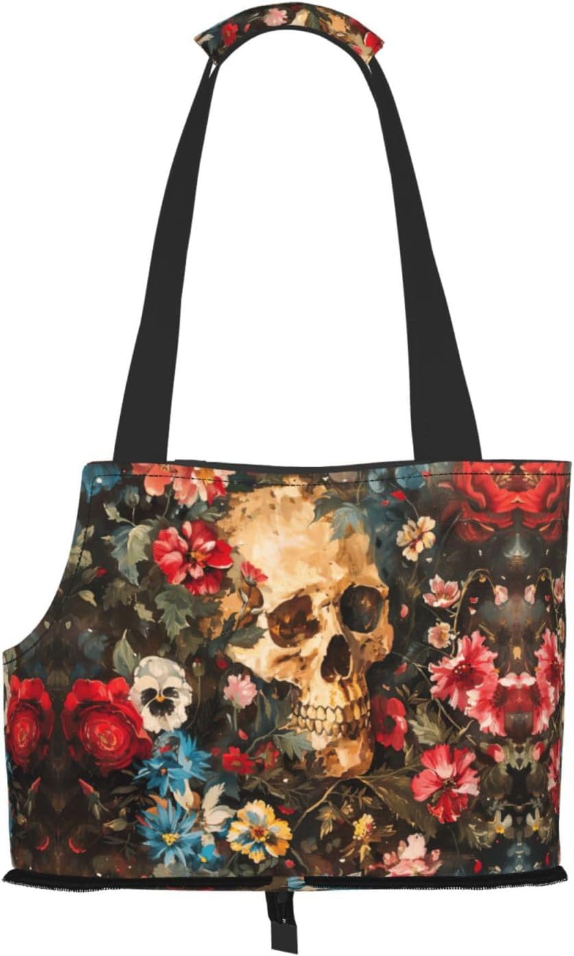 Floral Skull Print Portable Foldable Shoulder Bag for Travel,with Collar Hook and Handle Pad,Cute Stylish Design