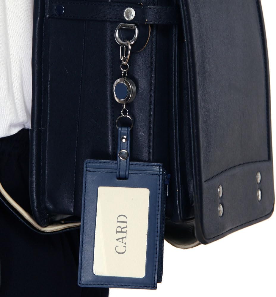 [ハッピークローバー] 完全日本製 カードやパスが落ちない 本革製リール付きパスケース 紺色無地 子供用 定期入れ 通学用 (紺)