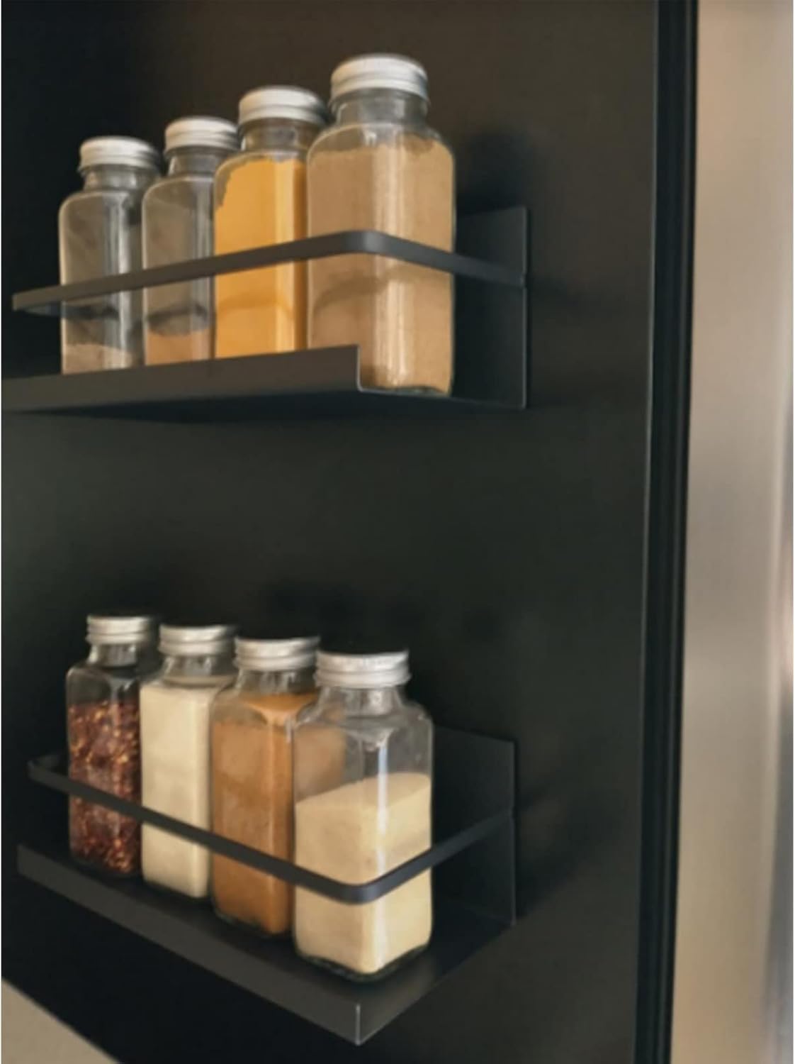 YCOCO Spice Rack for Refrigerator,Single Tier Refrigerator Spice Storage Shelf,Easy to Install the Side of Refrigerator Can Hold spices,Salt,Pepper,Space Saving Black Pack of 2