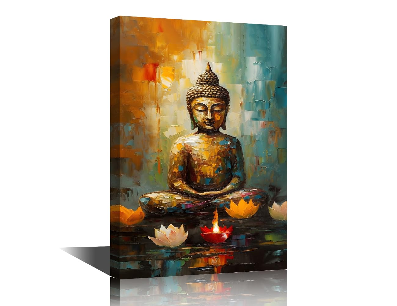 TISHIRON 1 Panel Lotus Wall Art Coastal Pictures Wall Decor for Living Room Statue of Buddha Wall Decor for Bedroom Altar Lamp that Burns Day and Night House Decor Framed Ready to Hang (12" Wx18 H)