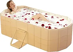 Banheira dobrável portátil, banheira independente grande dobrável de 120 cm para adultos, banheira de hidromassagem, banho de gelo, banheira de spa para uso interno e externo (bege)