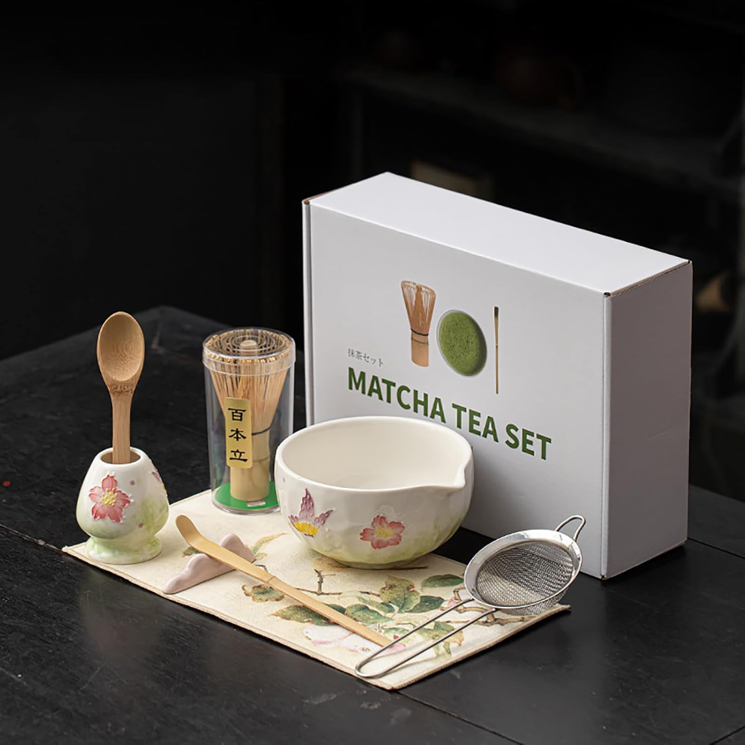 Hand-Painted Matcha Whisk Set, 8-Piece 3D Art Ceremony Kit with Unique Bowl, Bamboo Whisk, Sifter & Scoop for Exquisite Japanese Tea Making (Flower Pattern 2)