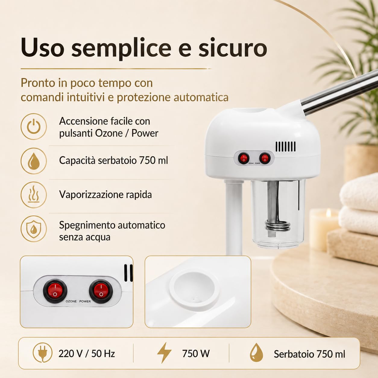 Professionale Vaporizzatore Viso 750 W Vapore di Ozono per Estetica, Spray Denso Sauna Viso Ozono, Profonda Pori Ugello Girevole con Ruote Universali