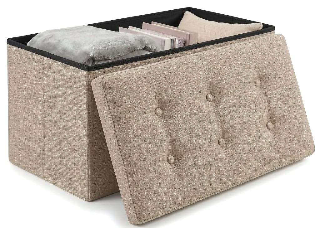 edihome, Puff Almacenaje Plegable, (38 x 76 x 38cm), Baul, Otomana con Tapa – Banco de Tela Organizador y Asiento para Dormitorio y Pie de Cama (Beige Tostado, 38 x 76 x 38 cm)