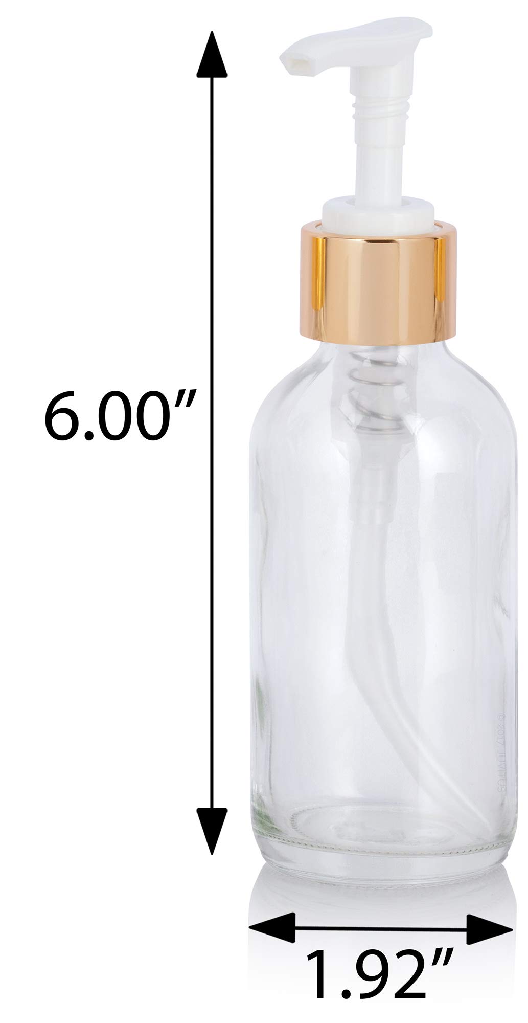 JUVITUS 4 oz Clear Boston Round Thick Plated Glass Bottle with Gold Lotion Pump (6 Pack) + Funnel