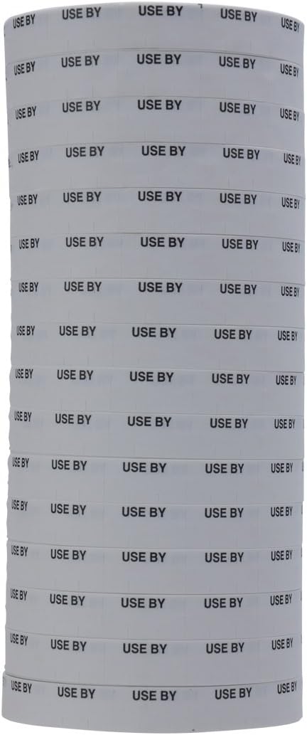 Black on White"USE by" Labels to fit Monarch 1110 Pricing Guns. 16 Rolls with 1 Free Ink Roller.