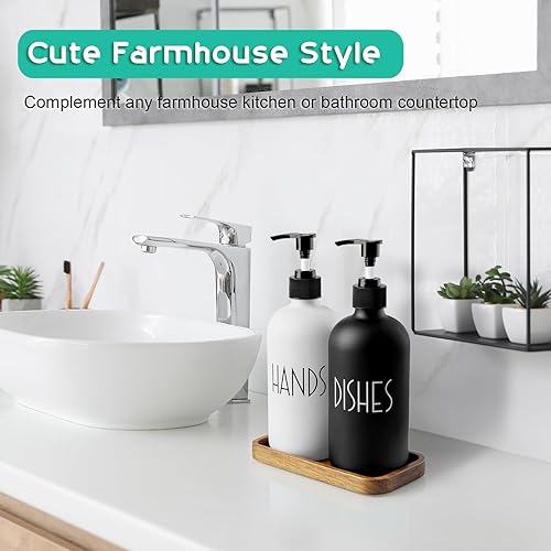 Miniatura 3 de ALELION Dispensador de jabón para platos de vidrio para cocina, juego de dispensador de jabón de manos de 16 onzas con bomba y bandeja de madera de