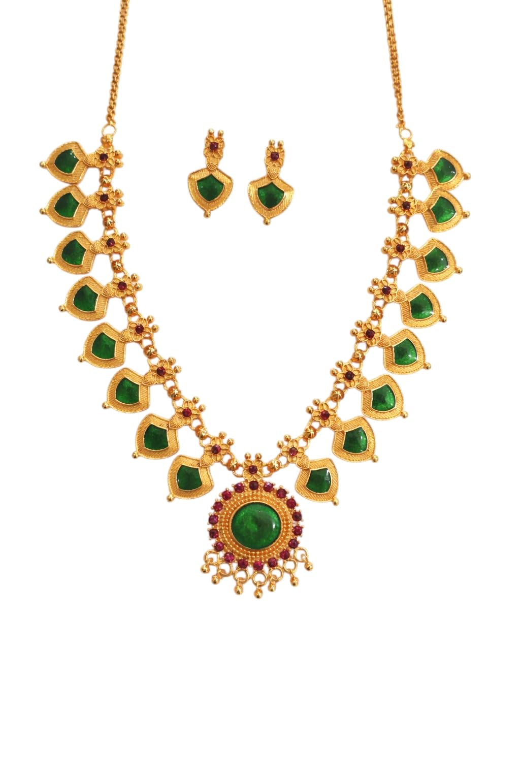 palakka green necklace new | traditional jewellery set for women| green 8 stone design| gold plated temple jewellery with matching earrings| ethnic kerala style bridal accessory.-image-41