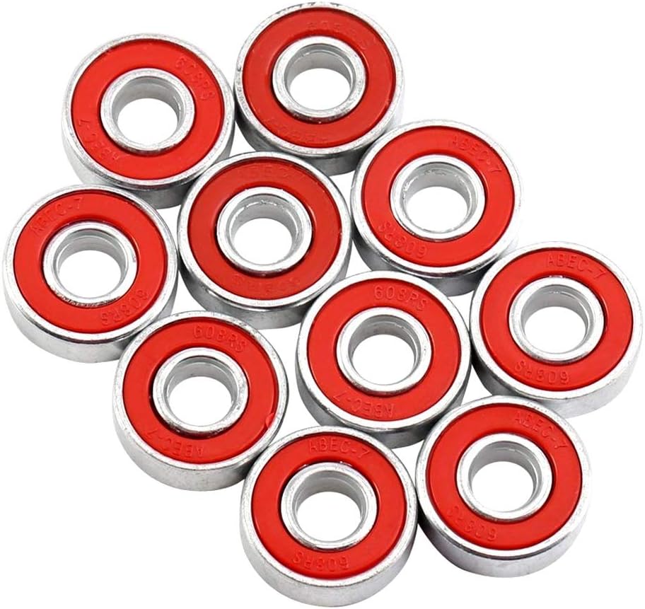 608RS 8 x 22 x 7 mm Deep Groove Ball Bearing, 10 Pcs 608 2RS, Double Red Rubber Sealed Ball Bearings, Fit for Skateboard Bearings, 3D Printer RepRap Wheel, Roller Skates, Inline Skates (Pack of 10)