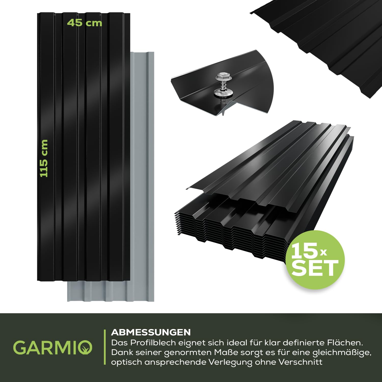 GARMIO® Profilblech Amalfi 115x45 cm Trapezblech Set 7,8 m² Dachblech verzinkter Stahl schwarz