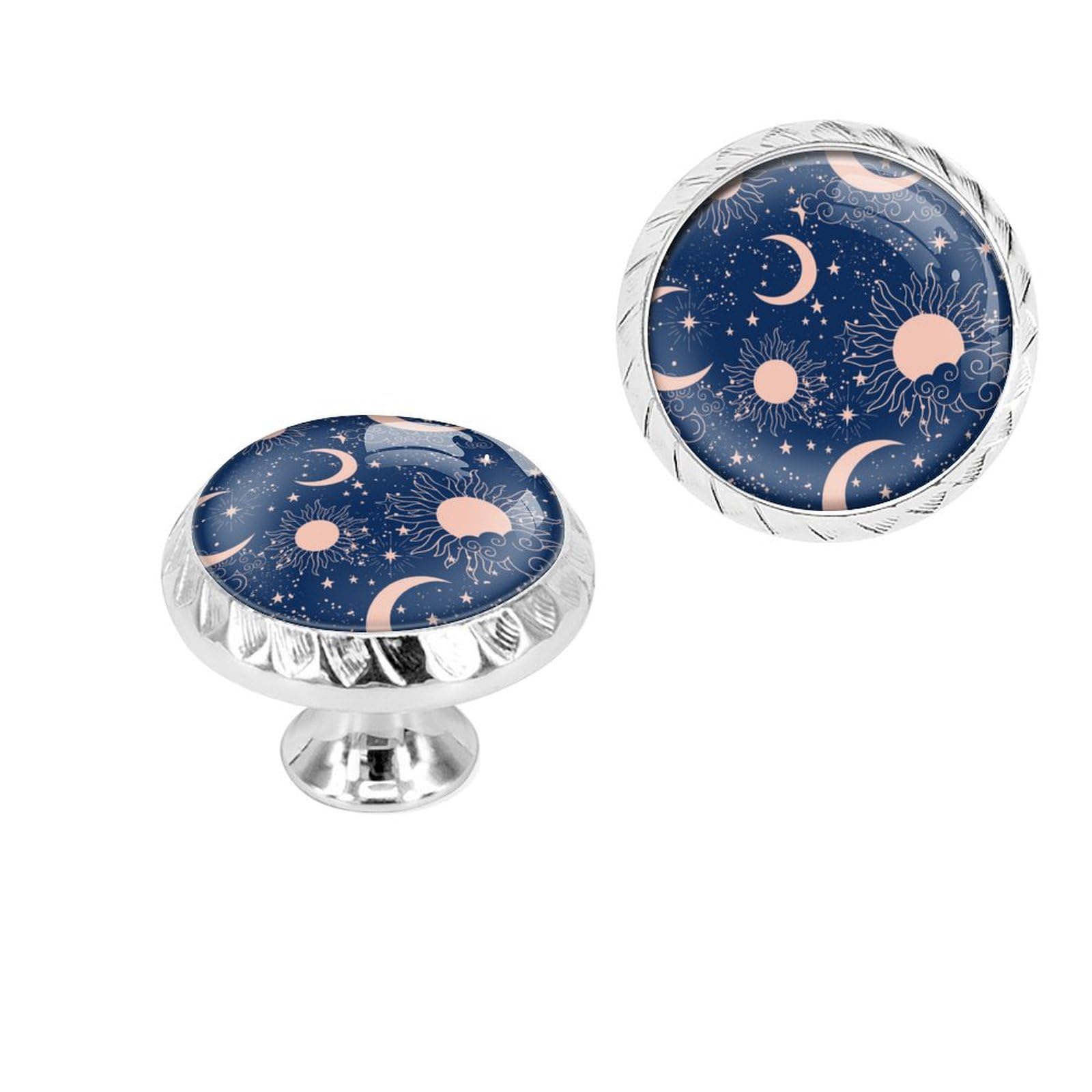 4 Pack Silver Cabinet Knobs, Blue Sun Crescent and Stars Crystal Glass Single Hole Dresser Knobs Unique Drawer Pull Handle