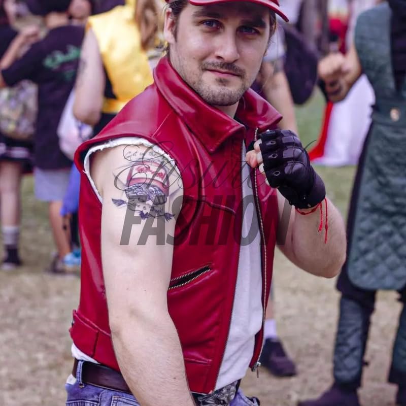 Terry Bogard Red Real Leather Vest White Star Fighting Game Costume for Men & Women