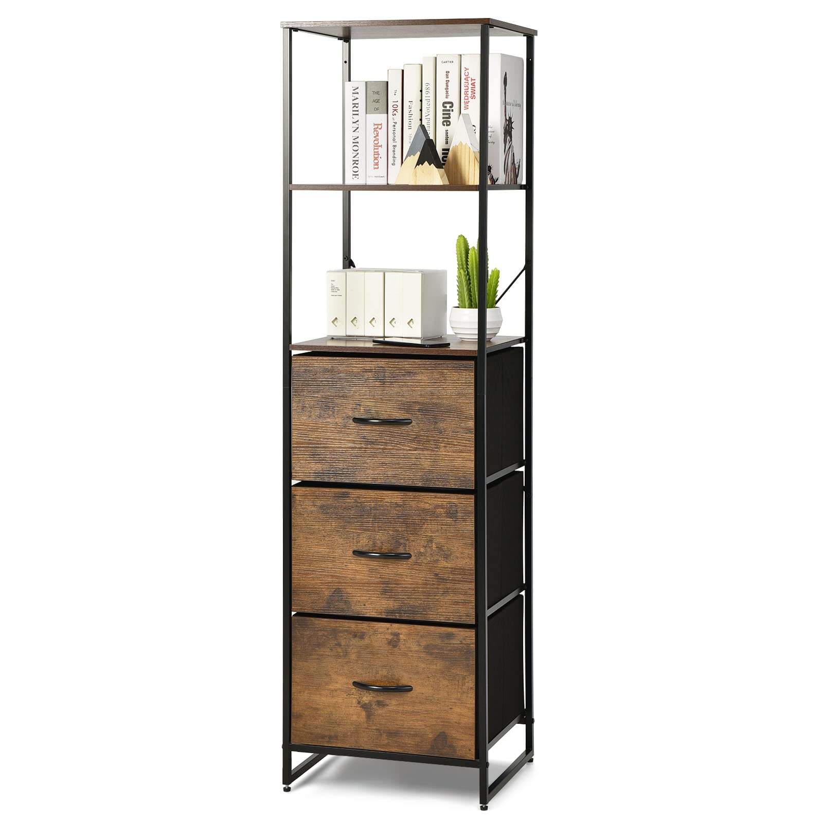HOMASIS Estantería con 3 cajones y 3 estantes abierto, estantería vertical de madera con marco de acero y dispositivo antivuelco, librería de esquina para salón, estudio, oficina, 43x39x156 cm, marrón