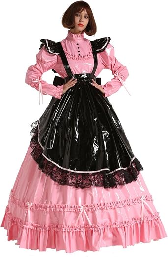 Women French PVC Prissy Maid Lockable Long Dress Costume Crossdress Uniform