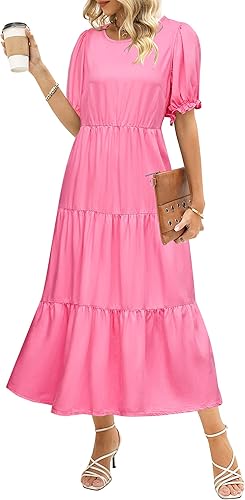 GRAPENT Vestido de mezclilla para mujer, de verano, casual, manga abombada, por debajo de la rodilla, escalonado, acampanado, cintura elástica,