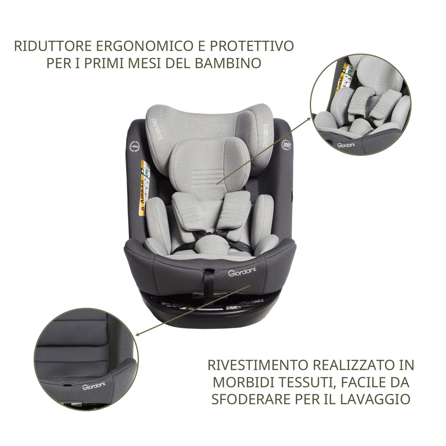 Giordani Titano Seggiolino Auto 40-150 cm i-Size, Base Girevole 360°, Isofix e Top Tether, 6 Posizioni dello schienale, Poggiatesta Regolabile e Riduttore Neonato,Evolutivo da 0 a 12 Anni