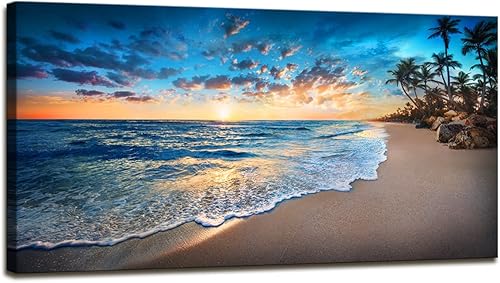 Jiuqinghua Impresiones en lienzo para pared, pinturas de paisaje oceánico de playa azul, 1 panel, puesta de sol, olas del mar, decoración de pared,