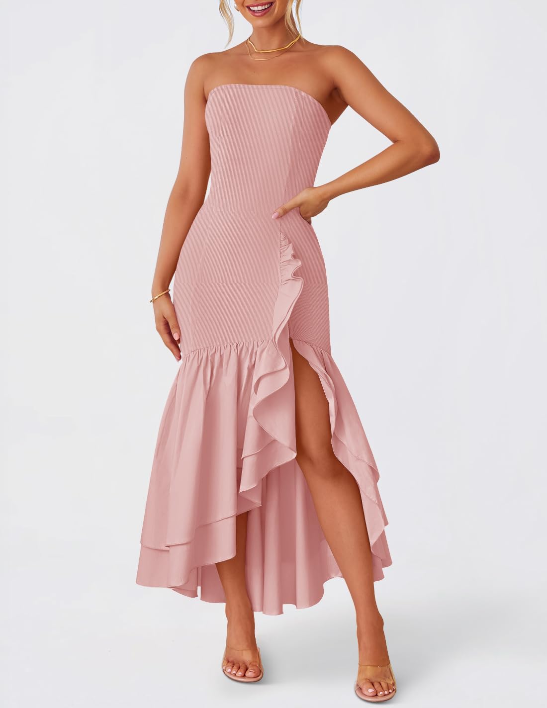 ZESICA Women's 2025 Summer Strapless Bodycon Maxi Dress Ribbed Sexy High Split Mermaid Prom Party Dresses - Image 2