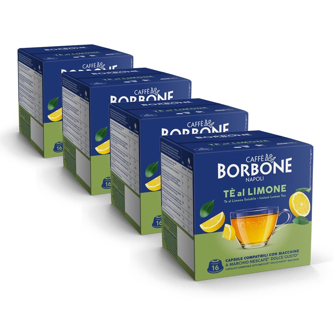 CAFFÈ BORBONE 128 cápsulas para máquinas Dolce Gusto® - Kit surtido: 64 cápsulas de bebida con sabor a chocolate (4 paquetes de 16) + 64 cápsulas de té con limón (4 paquetes de 16)