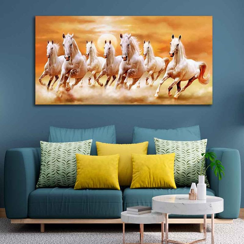Image of Wall Melody Beautiful Seven Running Horses Canvas Big Wall Painting Floating Frame Wall Paintings for Home and Office Decor Size : 24x48 Inches