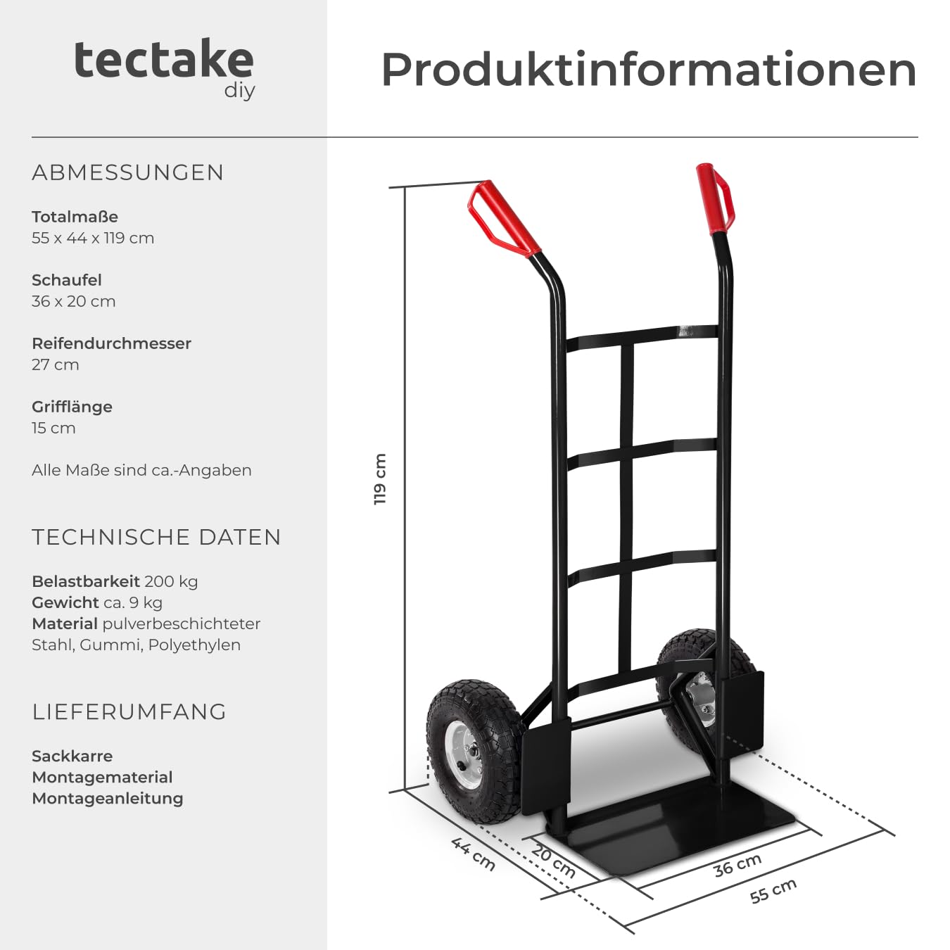 tectake® Sackkarre mit Ladeschaufel, Sackrodel mit Stahlrahmen, Räder Gummi-Luftbereifung, belastbar bis 200 kg, Transporter für Getränkekisten, für Umzug, Waschmaschine - schwarz