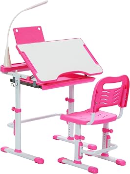 Real Relax Kids Desk and Chair Set, Childrens Multifunctional School Tables with Tilt Desktop, LED Light, Metal Hook Pink