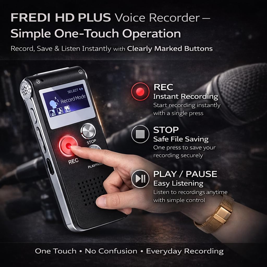 FREDI HD PLUS 8GB Digital Voice Recorder with LCD Display | 10-12 Hours Recording Time | USB Data Transfer | Noise Reduction Microphone | Portable Audio Recorder for Study, Office & Meetings 3