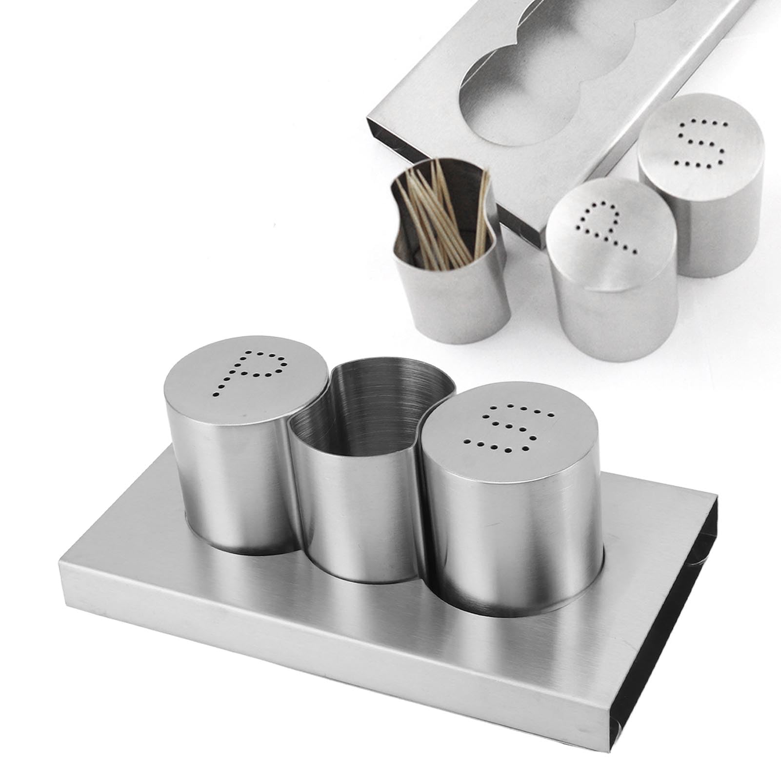 Ensemble de Salière et Poivrière en Acier Inoxydable, Ensemble de Salière et Poivrière avec Support, Support pour Cure-dents avec Plateau, Shakers à Condiments, Distributeur D'épices, Accessoires de C