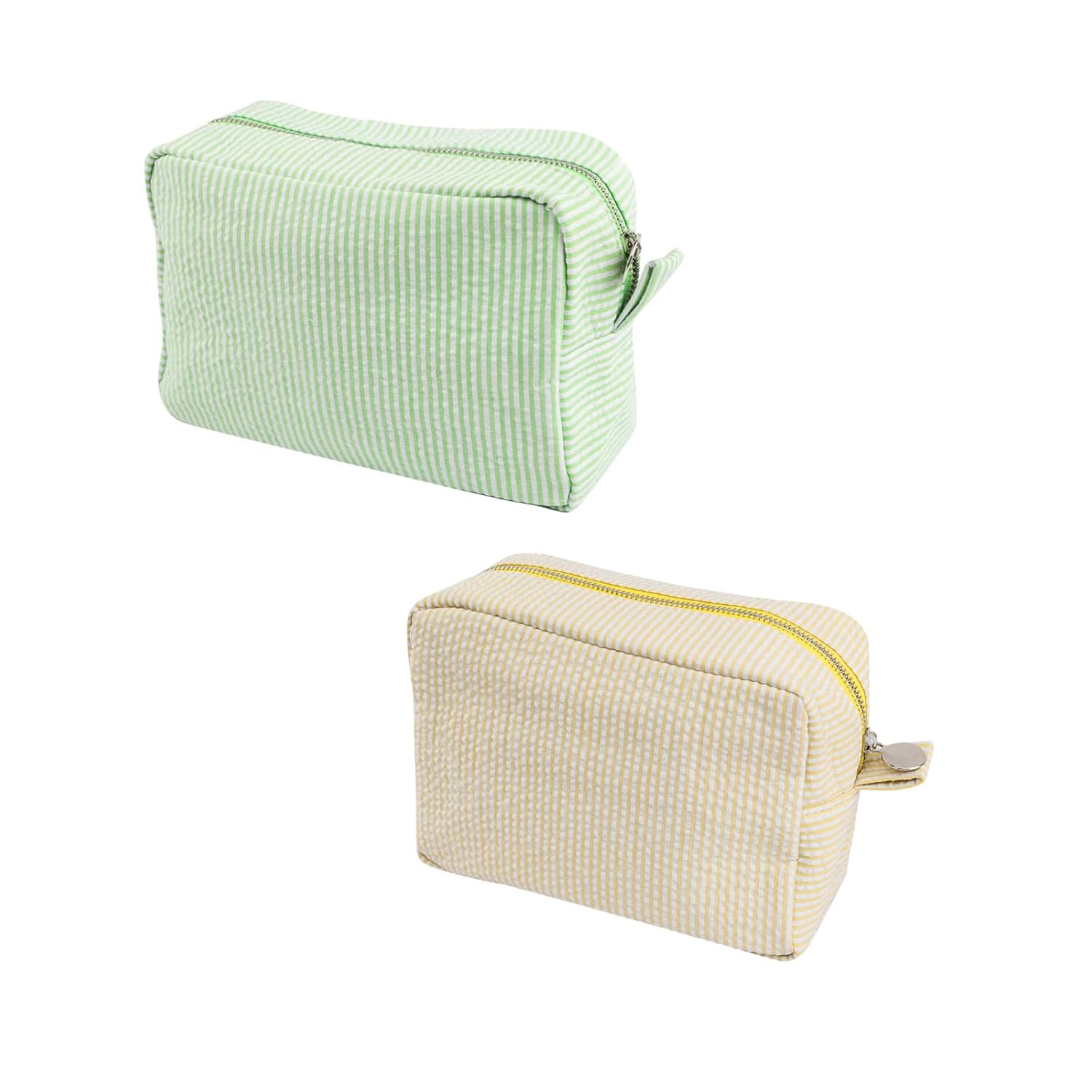 Seersucker Cosmetic Bag, Large Makeup Pouch Travel Toiletry Case with Zipper Closure Seersucker Cosmetic Organizer for Women Girls, Baby Diaper Bag Organizer