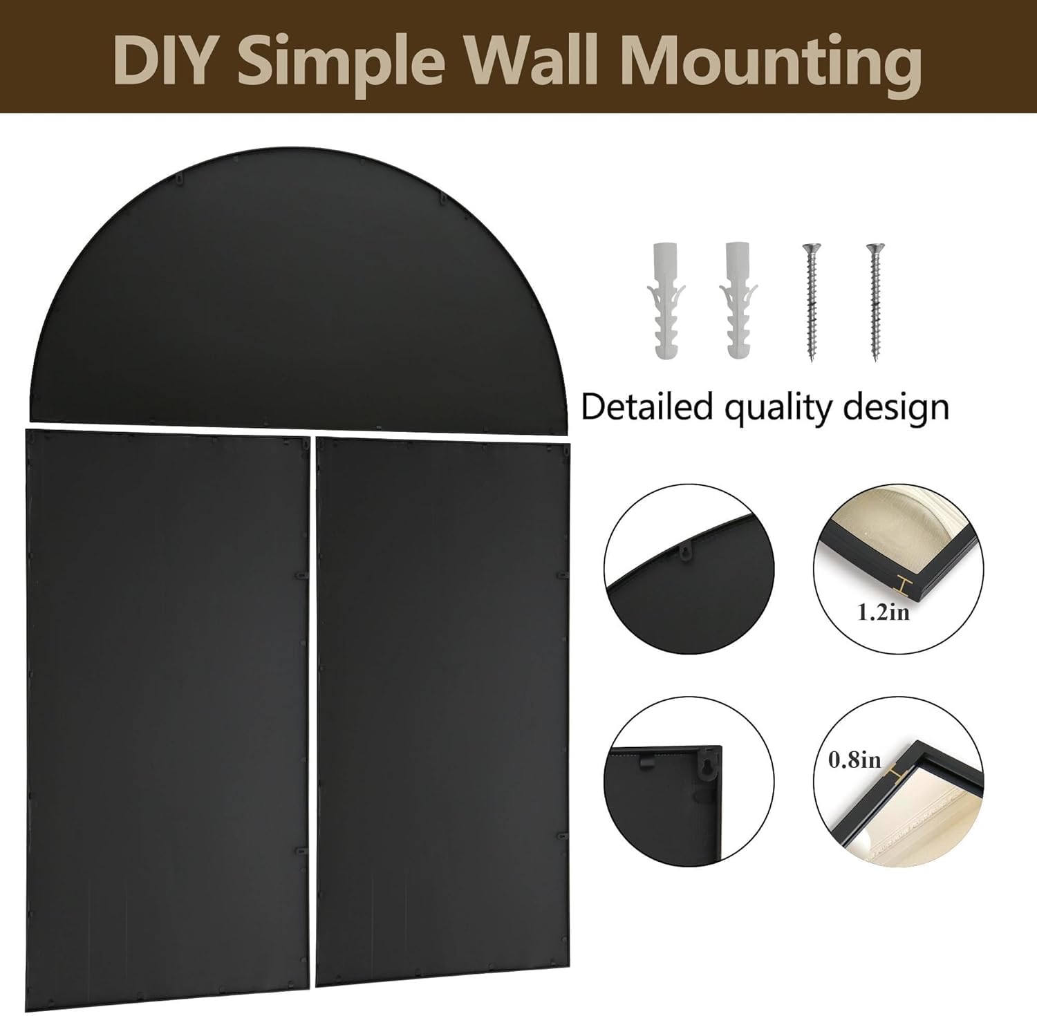 Besdomus Large Black Arched Mirror：40"x60" Classic Window Pane Mirror - 3 Pieces Oversize Wall Decor for Entryway/Hallway/Living Room - Perfect for Home Decor Enthusiast