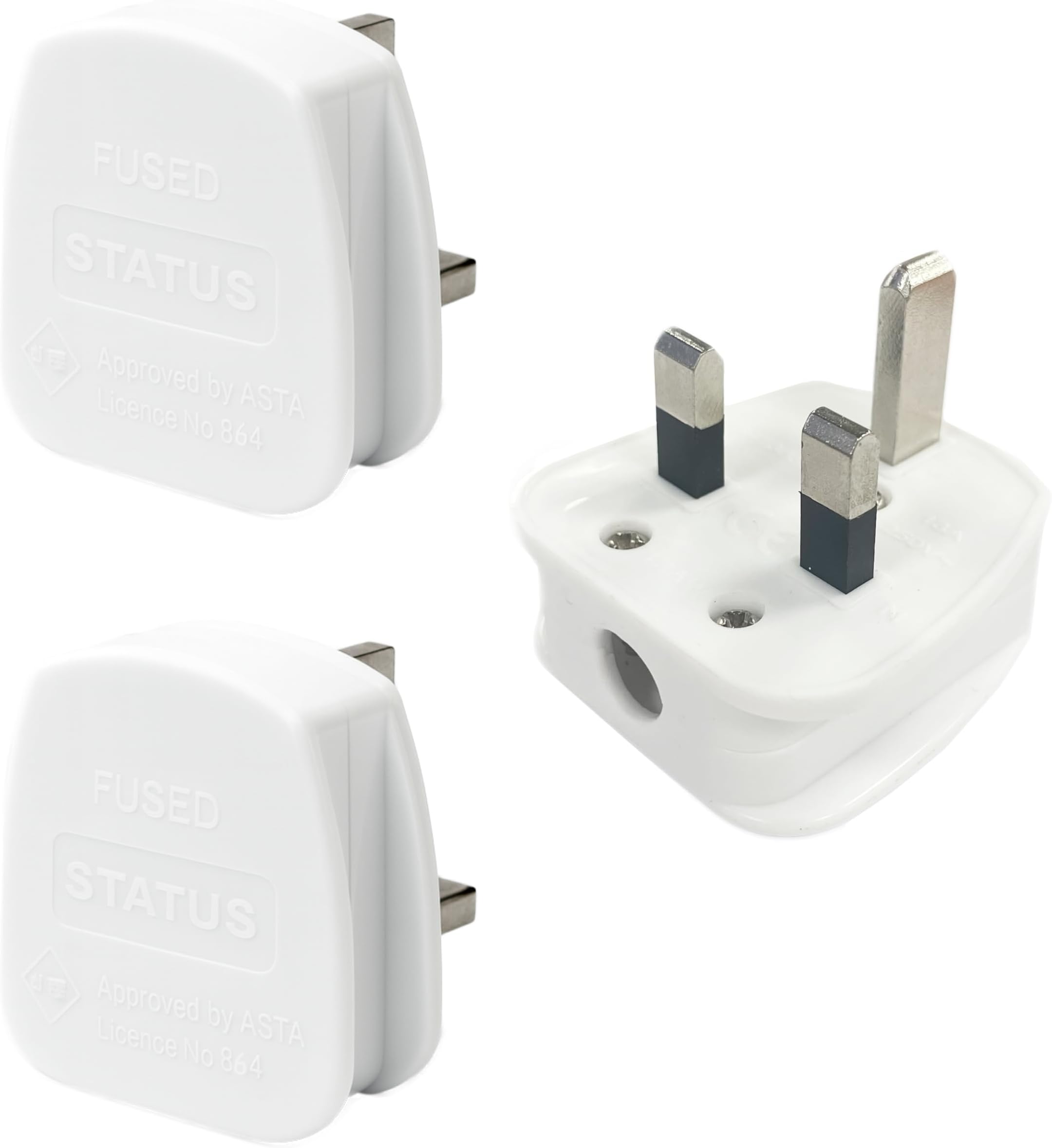 STATUS 13A 3‑Pin White Electrical Plug Tops – Pack of 3, BS1363‑Compliant with Cord Grip, CE Certified & Recyclable, Ideal for Home or Office Use, (13APLUG3PK5)