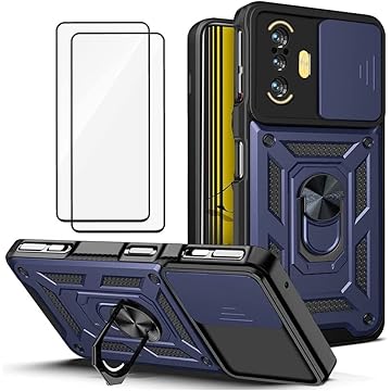 Capa para Xiaomi Poco F3 GT - com 2 películas temperadas, proteção para a câmera e suporte de metal para o telefone - Azul