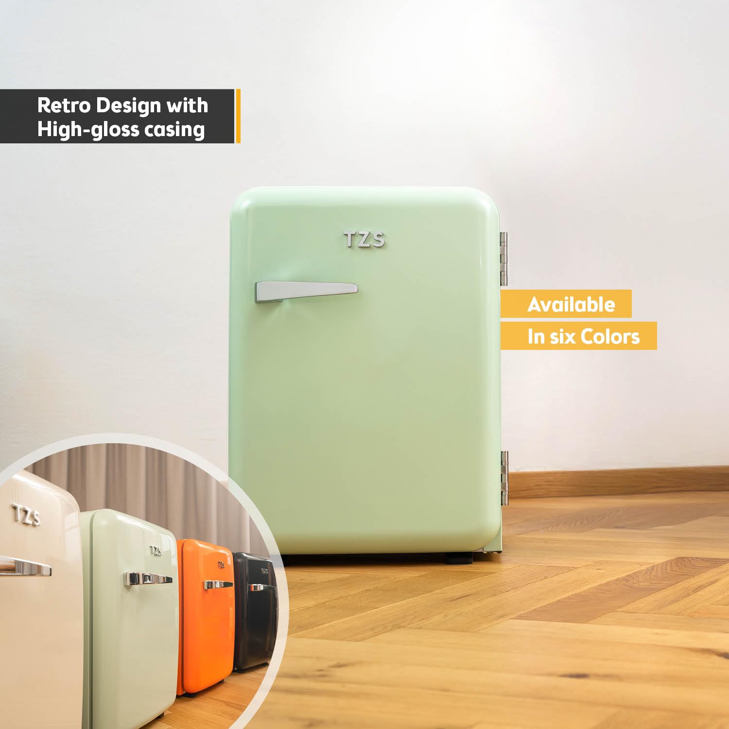 TZS First Austria - Retro Mini Fridge 40L - Silent Operation - Vintage Minibar for Bedrooms & Offices - Mint — view 6