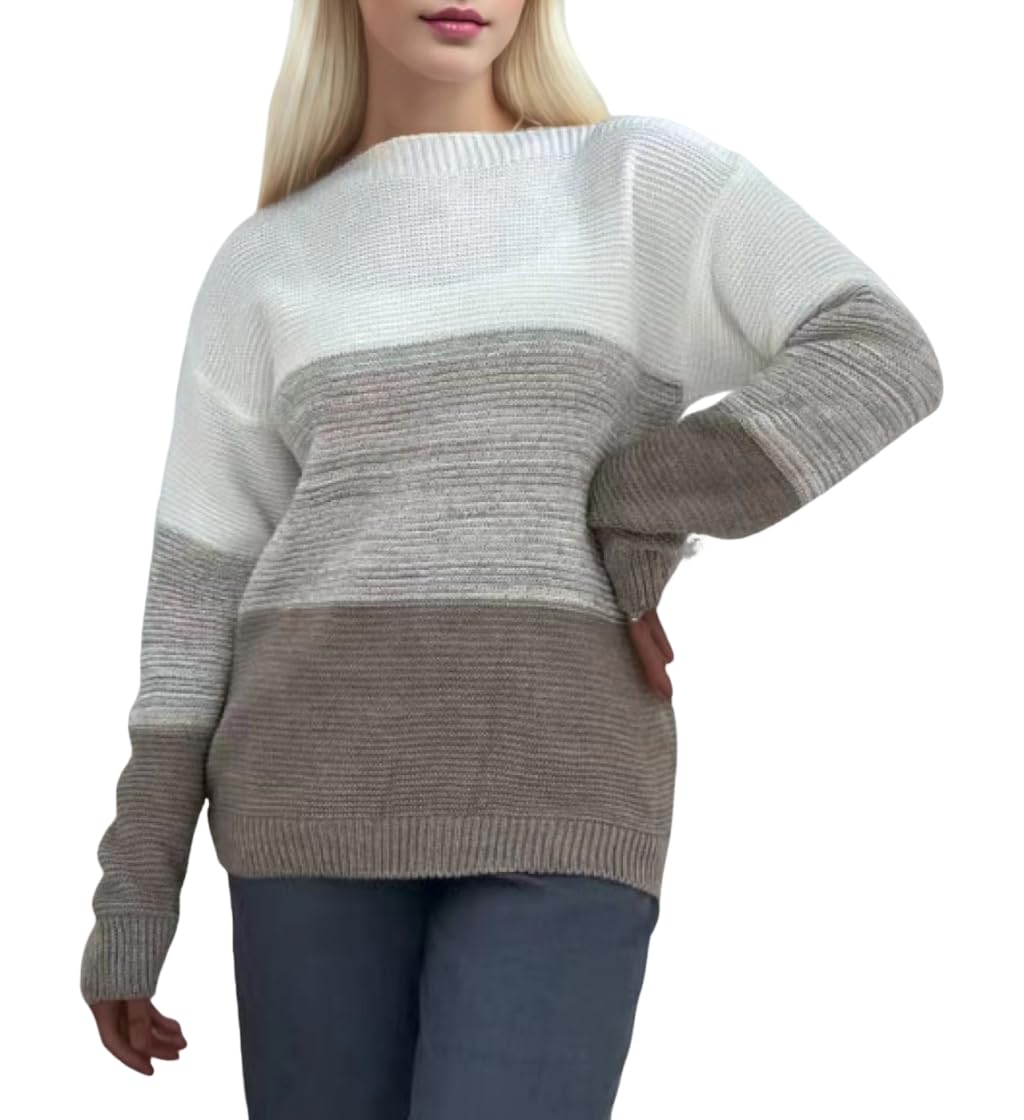 Womens Color Block Striped Knit Sweater Casual Long Sleeve Boat Neck Drop Shoulder Pullover Sweater Tops