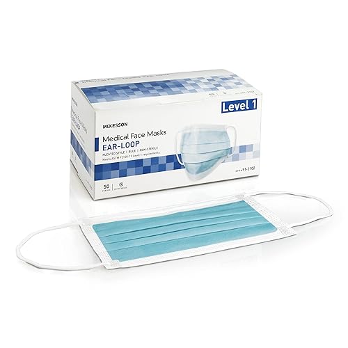 McKesson Mascarillas médicas, nivel 1, plisadas con cintas elásticas para las orejas, no estériles, color azul, talla única, se adapta a la mayoría