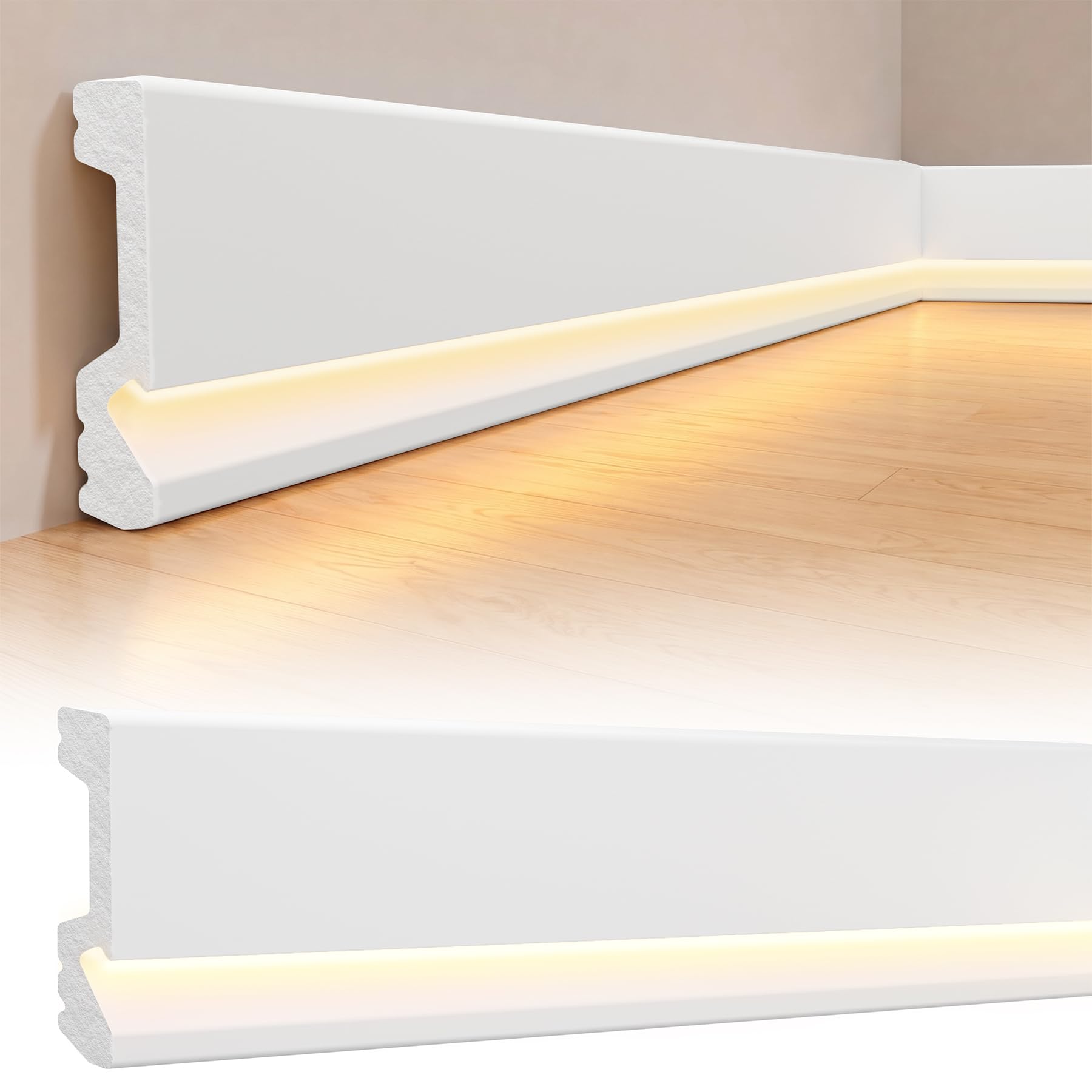 BOBIBAN 8-Pack 47.2-Inch White Polystyrene Baseboard Molding With LED Duct