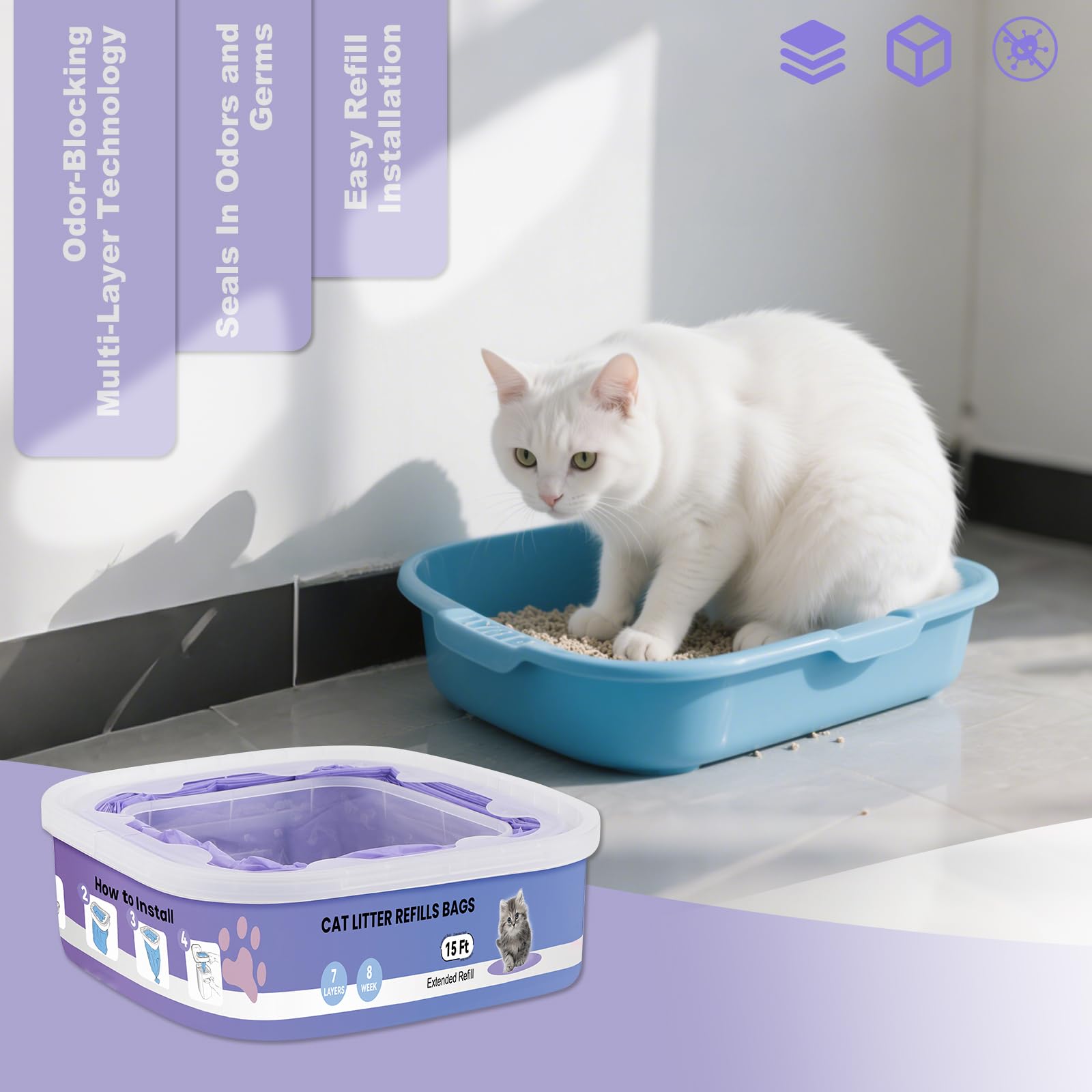 10 Piezas Recambios Cubos de Pañales,compatibles Litter Genie Standard, Plus,XL,Style,Bolsas de Recambio para Arena para Gatos,Super Control de olores，púrpura