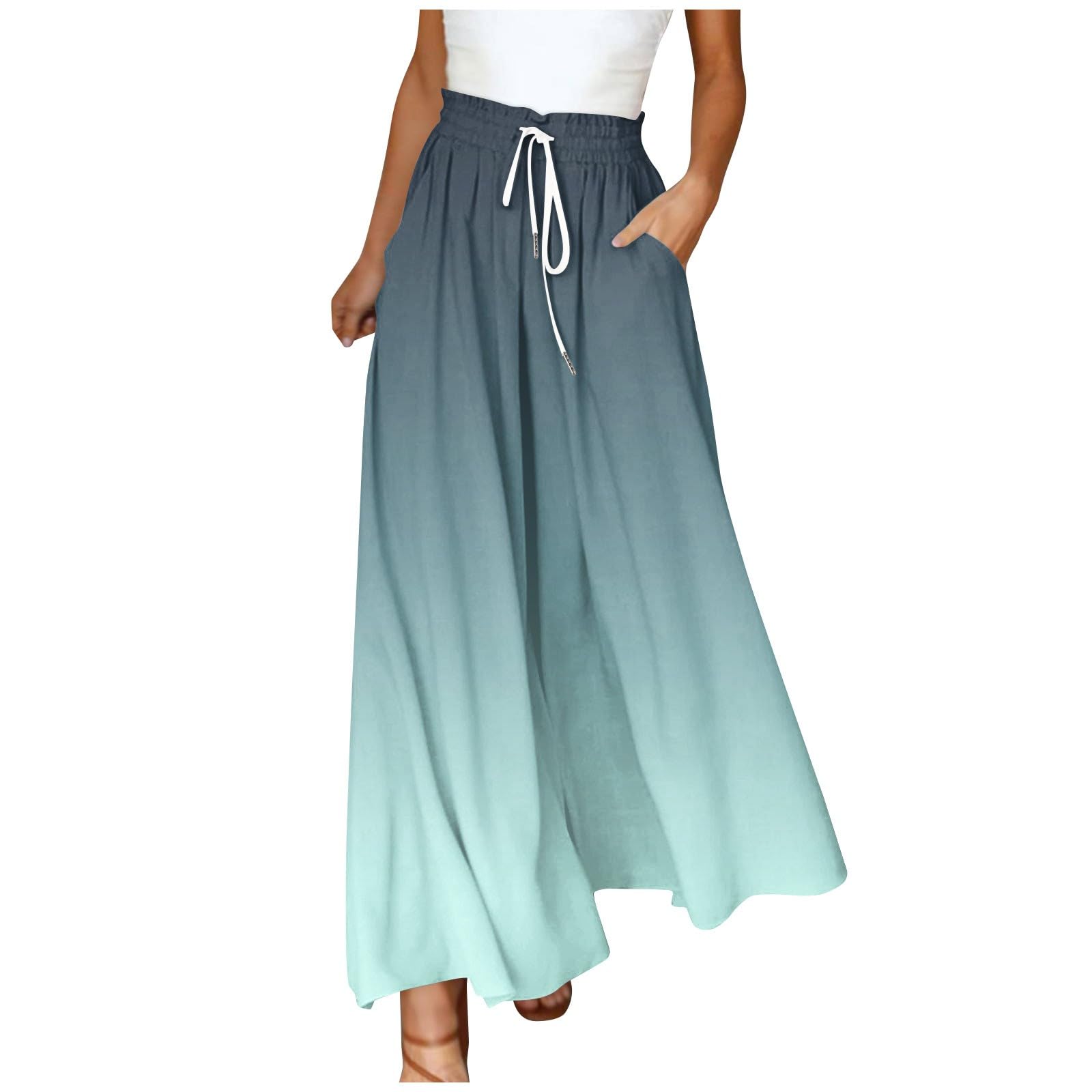 Womens Palazzo Pants Elastic Waist High Waisted Culottes Pants Loose Fit Elegant Flowy Vacation Pants with Pockets