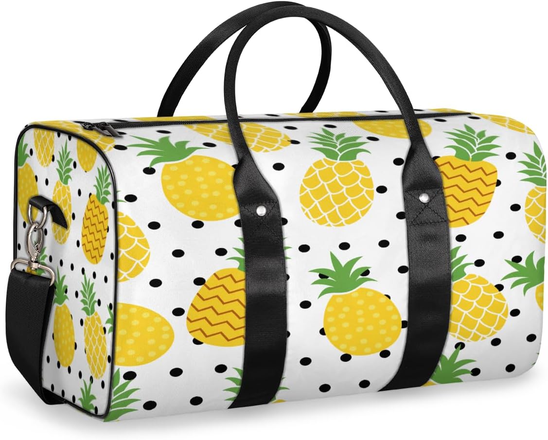 Watercolor Pineapple Polka Dots Travel Duffel Bag for Women Men Large Capacity Overnight Weekender Bags for Lightweight Waterproof Sport Gym Bag for Workout Yoga Swim