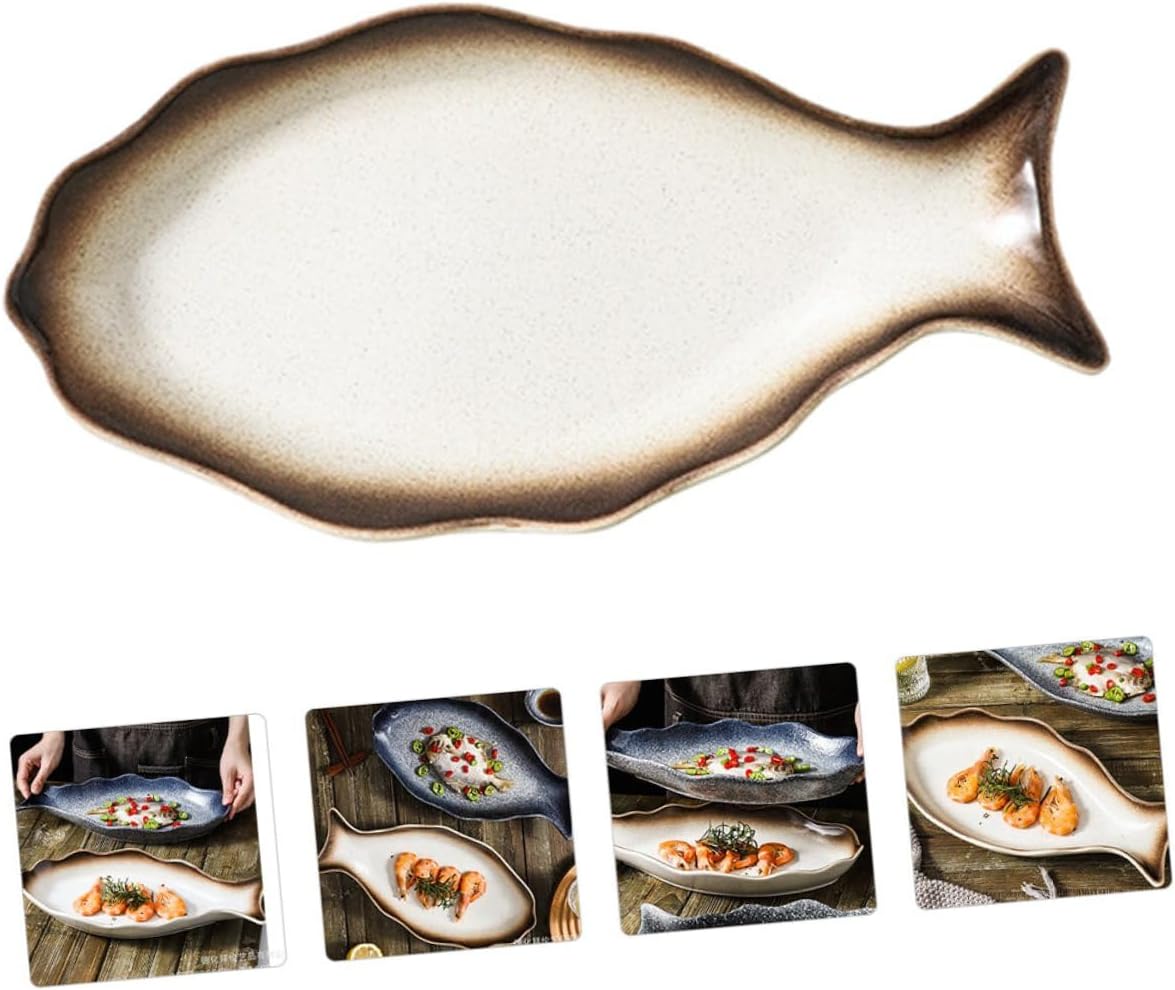 Ceramic Steamed Fish Plate 14-inch Japanese Style Kitchen Serving Dish Food-grade Sushi Plate for Restaurant and Home Fish Presentation