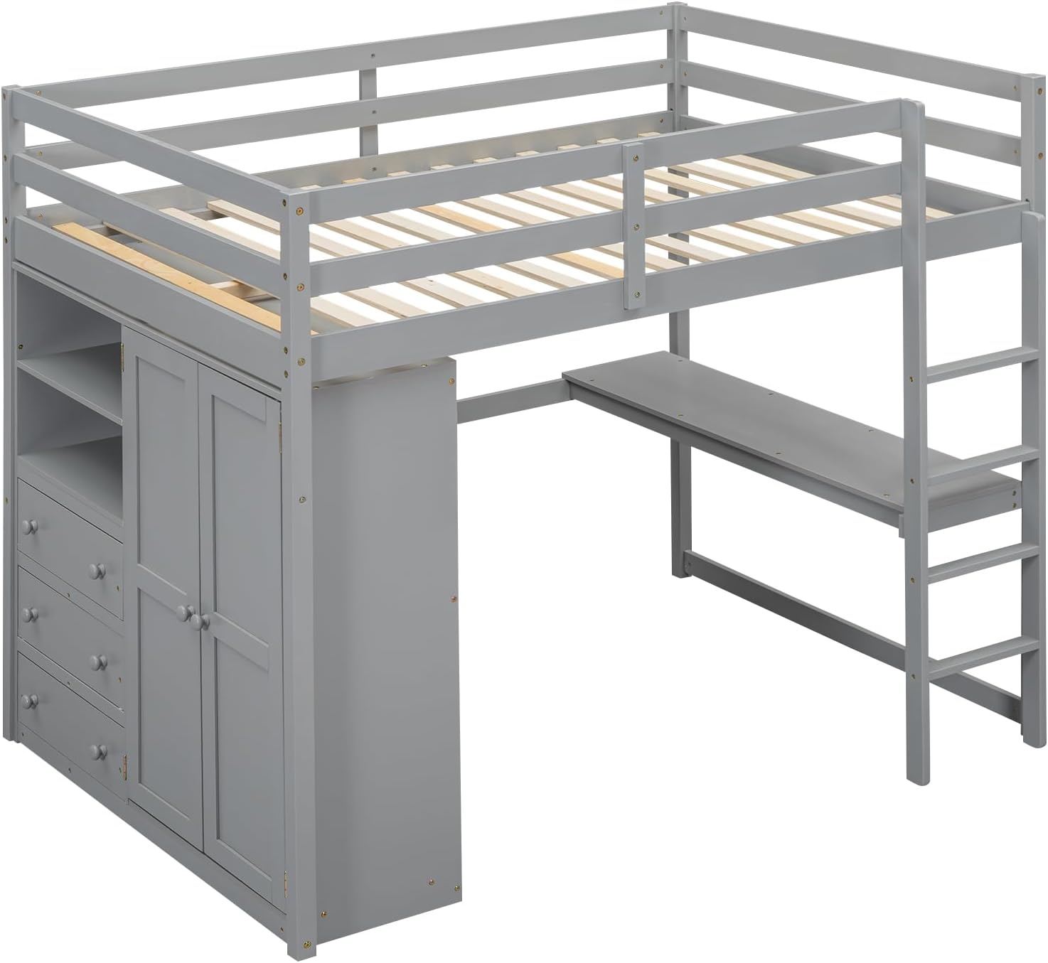 Harper & Bright Designs Full Size Loft Bed with Desk, Storage Drawers and Wardrobe, Solid Wood Full Loft Bed Frame for Teen with Storage Shelves, Safety Guardrail and Ladder for Adults Boys, Gray