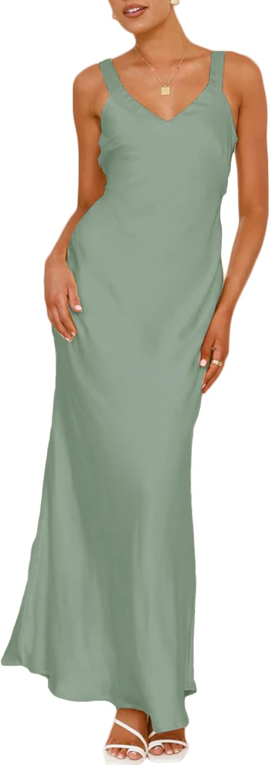 Satin V Neck Maxi Dress for Women Wedding Guest 2026 Summer Formal Elegant Cocktail Sleeveless Long Dresses Backless - Image 4