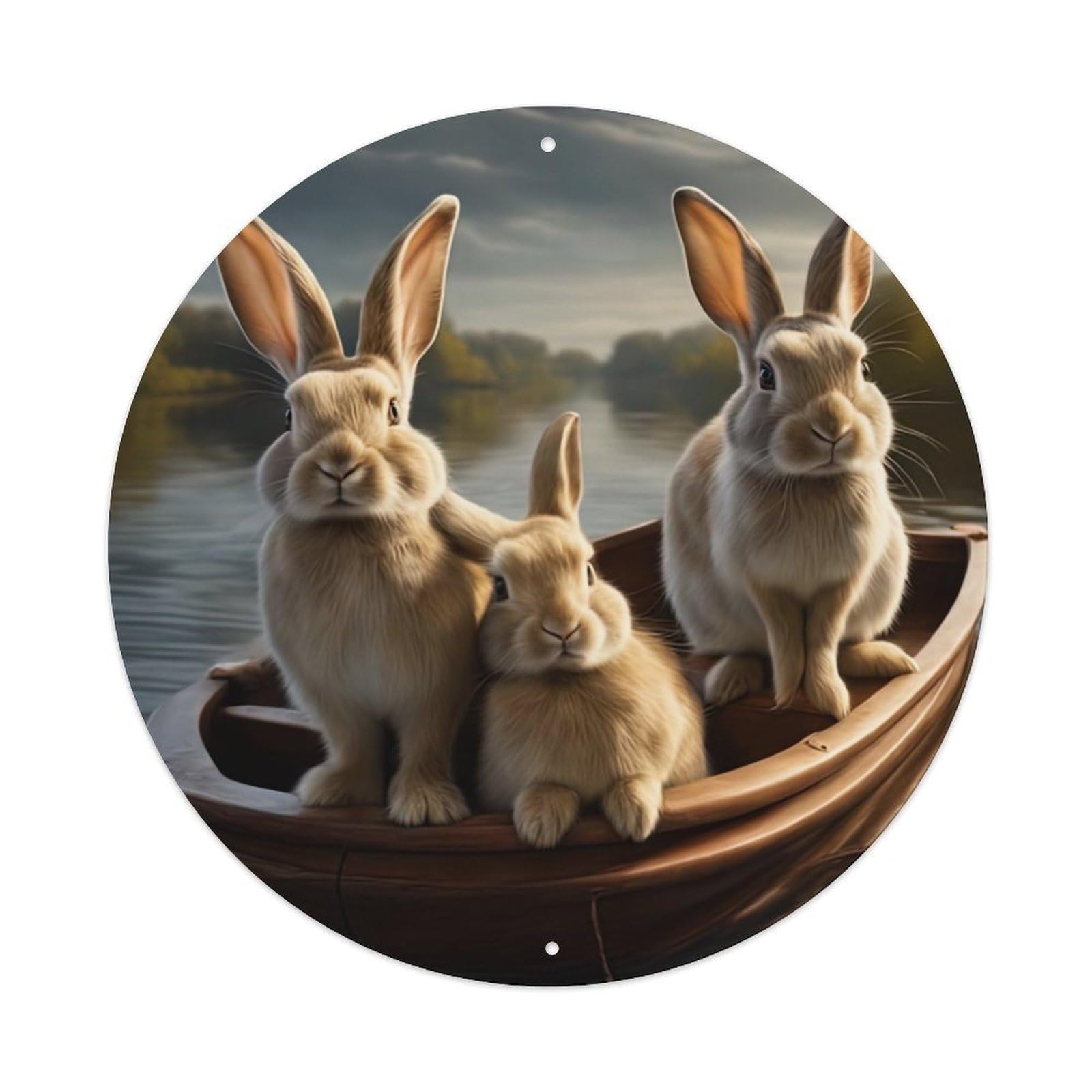 Animal Artwork Three Little Rabbits on The Boat Vintage Metal Tin Sign Plaque Wall Decor for Cafe, Club Bar, Office, Garden Metal Poster 8x8Inch