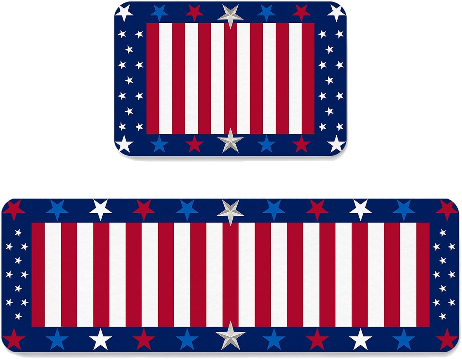 Prime Leader USA Flag Kitchen Mat Set 2 Pieces 4th of July Stars Blue White Red Stripe Non Slip Kitchen Rugs Washable Runner Rug Mats for Sink Laundry (19.7" x 31.5"+19.7" x 63")