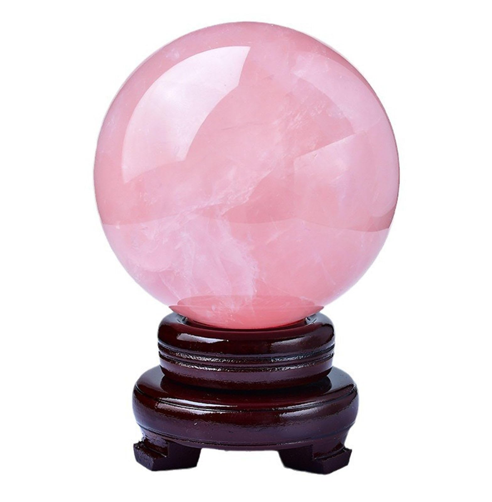 BJXKHFPIV Crystal Ornaments Rose Quartz Crystal Ball Feng Shui Transfer Beads Divnation Gemstone Sphere Lucky Home Decoration Ball with Wood Stand,10cm/3.9in