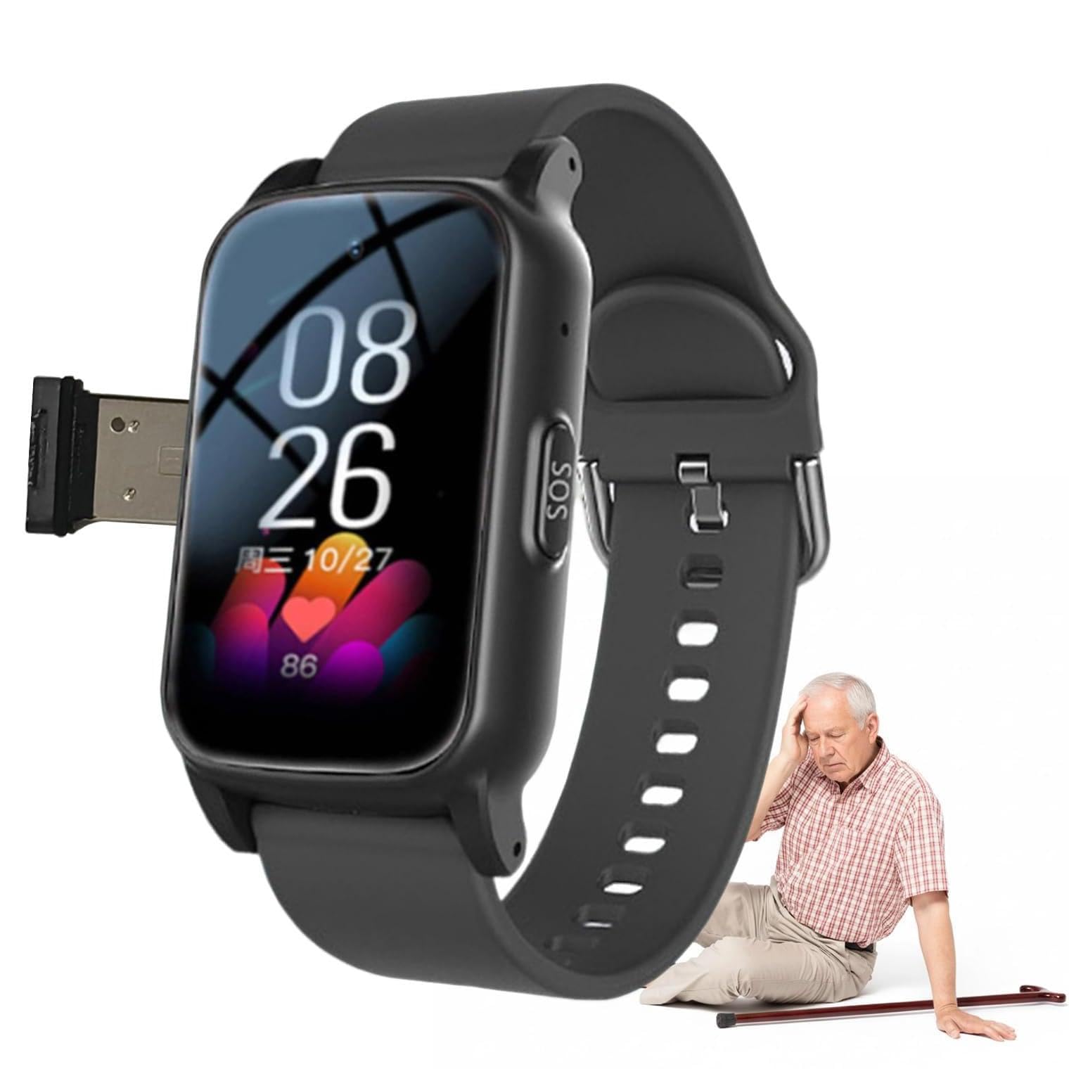 ZHZWwansuGE Fall Detection Smartwatch for Elderly, Fall Alarm for Elderly, GPS Tracker,SOS Emergency Call,Health Monitoring, Multiple Languages, 1.47'' HD Screen Smart Watch, for Elderly Black