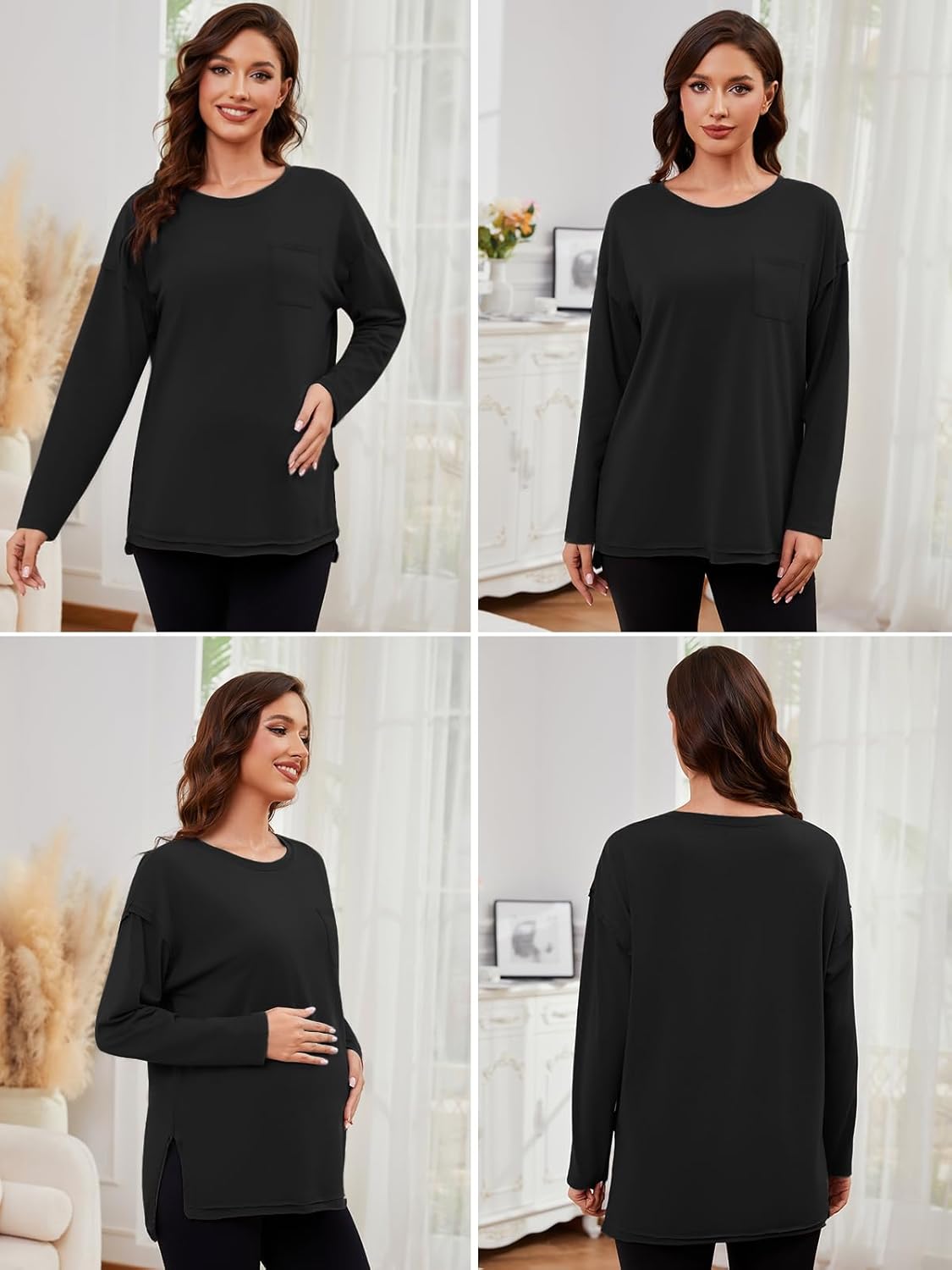 Ecavus Women's Oversized Maternity Shirts Long Sleeve Side Slit Pregnancy Tee with Pocket Fall Winter Mama Clothes - Image 6