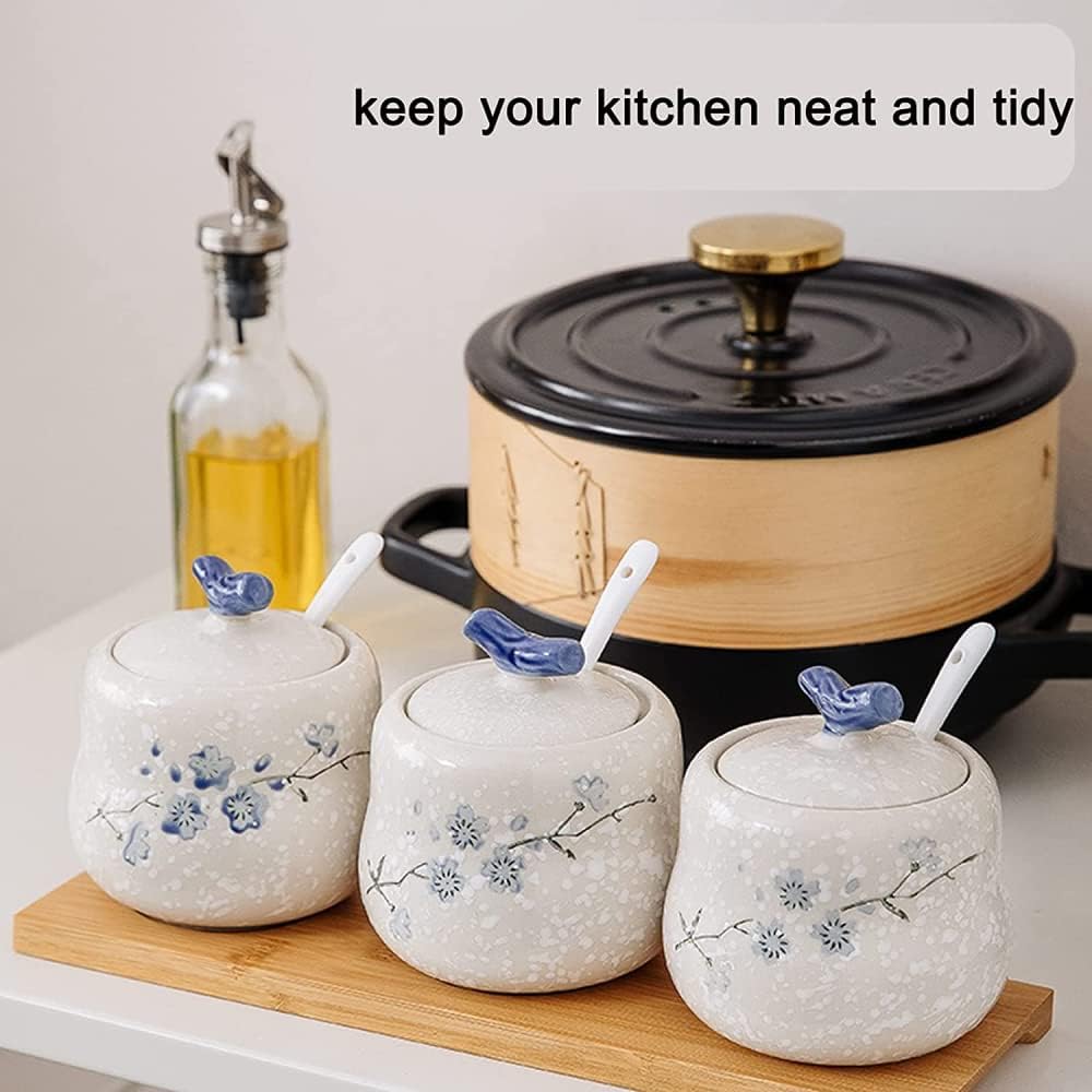 Condiment Jar Seasoning Box Ceramic Condiment Jar with Spoon Tray Lid Hand Painted Pattern, 14.1Oz, Set of 3