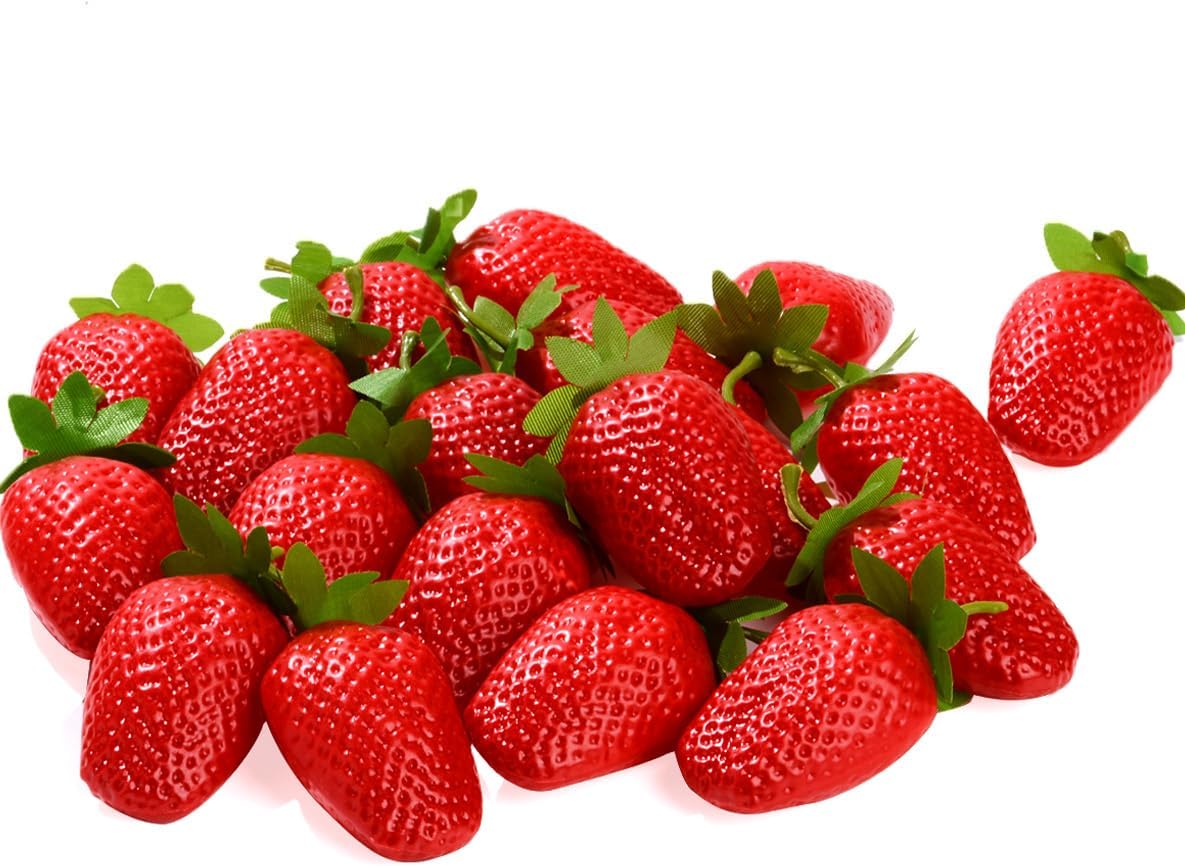 VIDELLY 20 Pieces Artificial Strawberries Fake Strawberries Lifelike Red Realistic Plastic Fruit for Kitchen Party Decoration Photo Prop,L Size